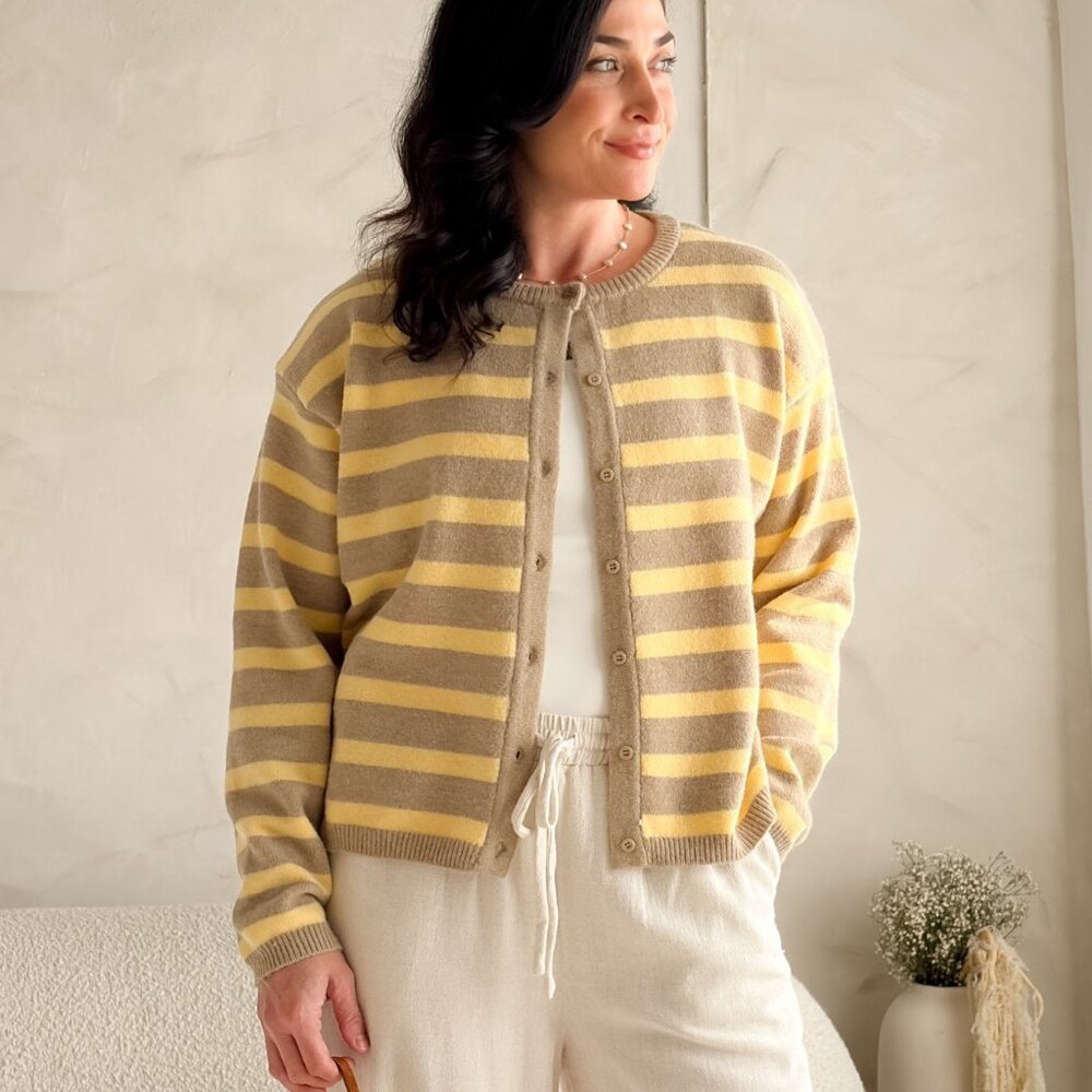Women’s Yellow Stripe Knit Cardigan – Taupe